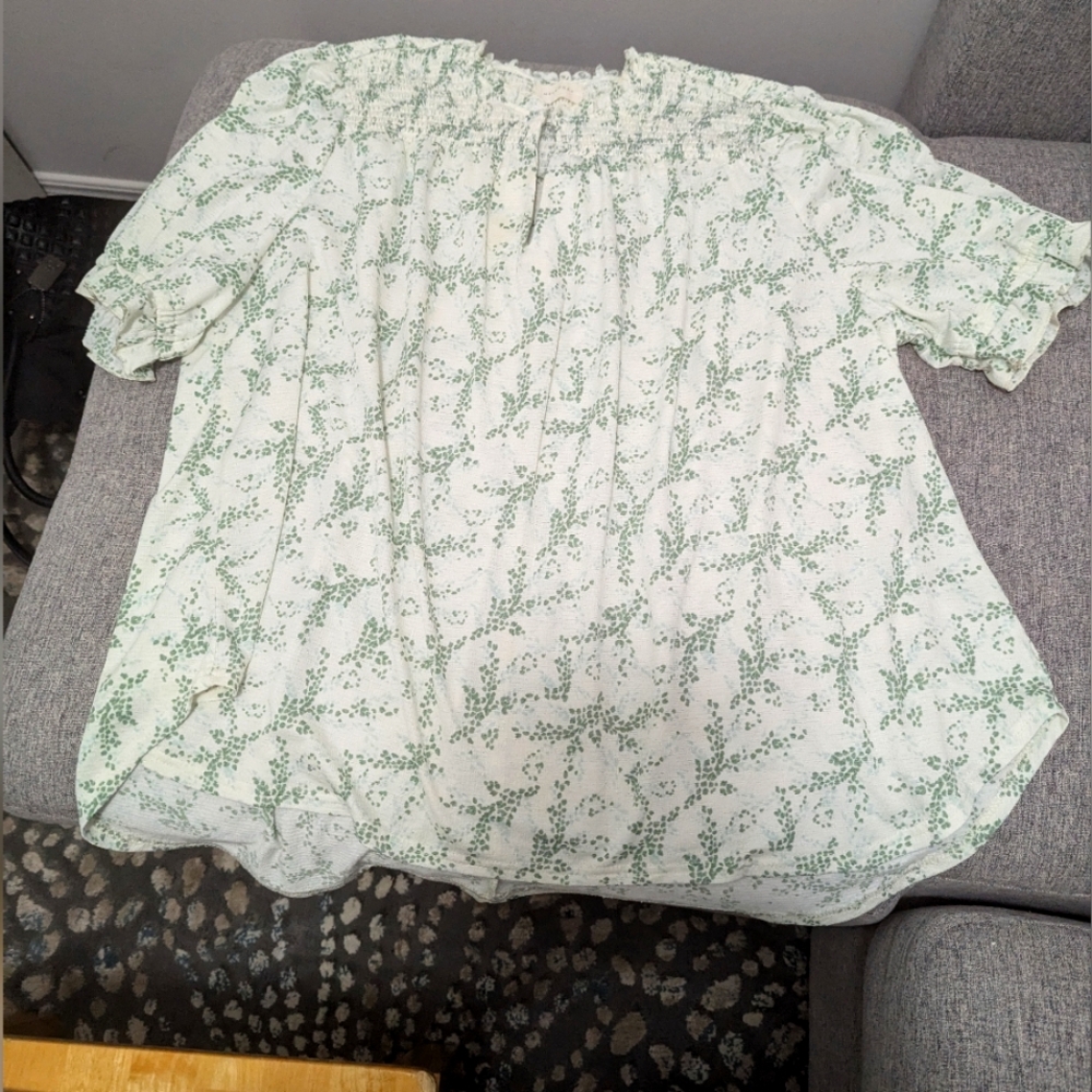 Melloday Green, blue/White Floral Puff Sleeve V Neck Blouse Womens Plus Sz 3X .